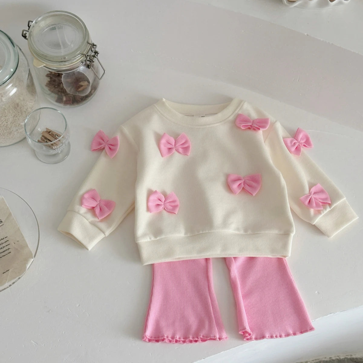 Spring Autumn Baby Clothes Set Outfit Newborn Bowknot Long Sleeved Top + Pink Cute Flared Trousers Infant Fashionable Set