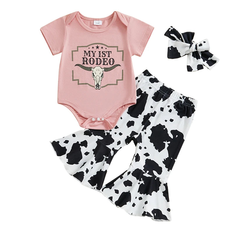 2024-11-16 Lioraitiin Baby Girls 3PCS Clothes Sets Short Sleeve O Neck Romper Bow Boots/Cow Print Flared Pants Headband Sets