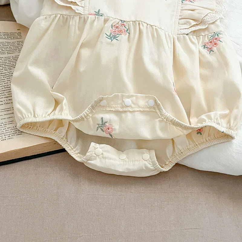 Summer Infant Baby Girl Bodysuits 0-24M Baby Clothing Toddler Baby Girl Jumpsuit Flying Sleeve Cotton Flower Embroidery Clothing