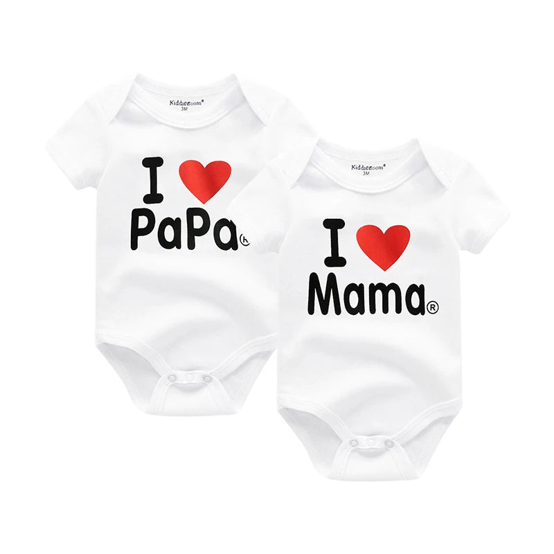 2PCS/LOT Newborn Baby Clothes Short Sleeve Girl Boy Clothing  I Love Papa Mama Design 100%Cotton Rompers de bebe Costumes White