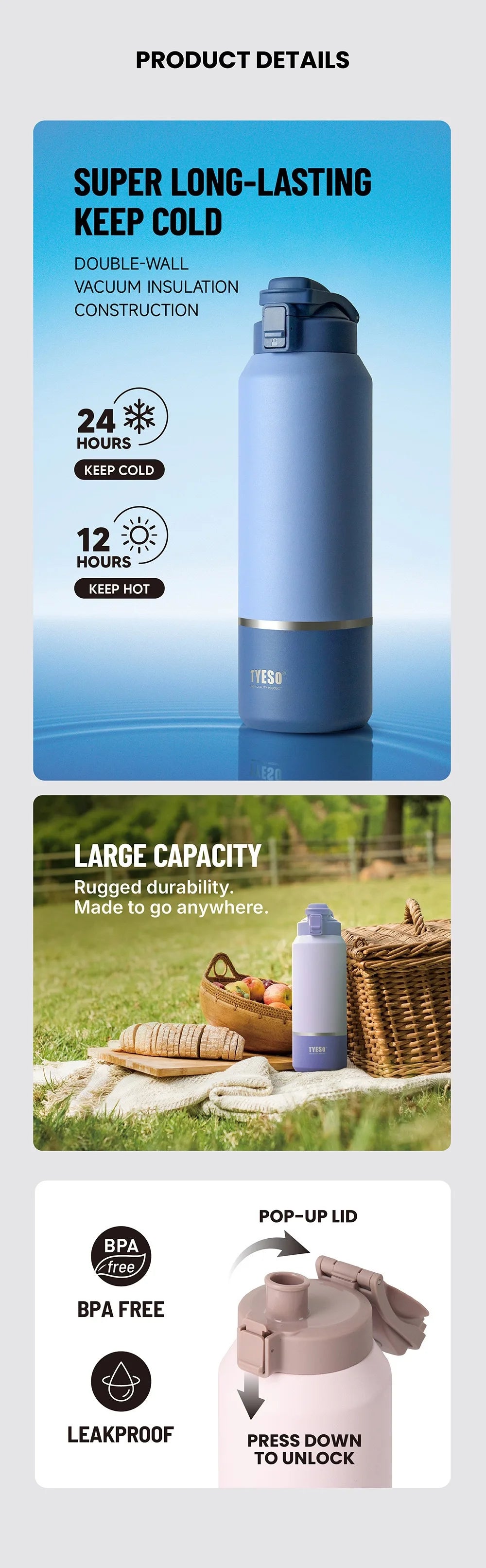 Tyeso Large Capacity Insulated Water Bottle Portable Travel Mug with Handle Leak-Proof Lid for Outdoor Sports Hiking Drinkware