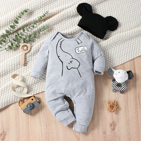 Autumn and winter baby boy cute casual fashion HELLO English letter long sleeved round neck jumpsuit+hat