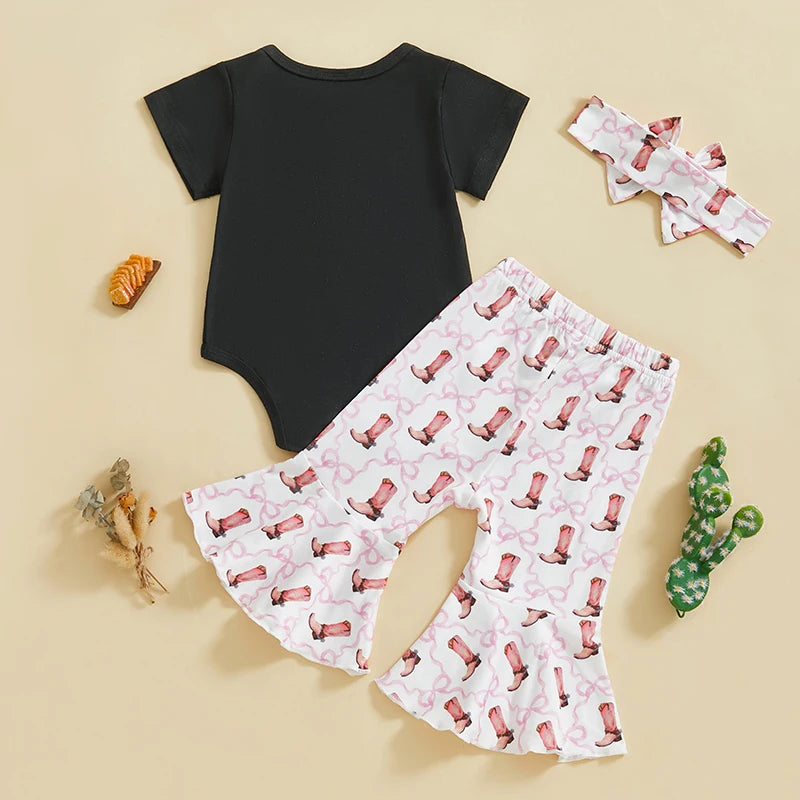 2024-11-16 Lioraitiin Baby Girls 3PCS Clothes Sets Short Sleeve O Neck Romper Bow Boots/Cow Print Flared Pants Headband Sets