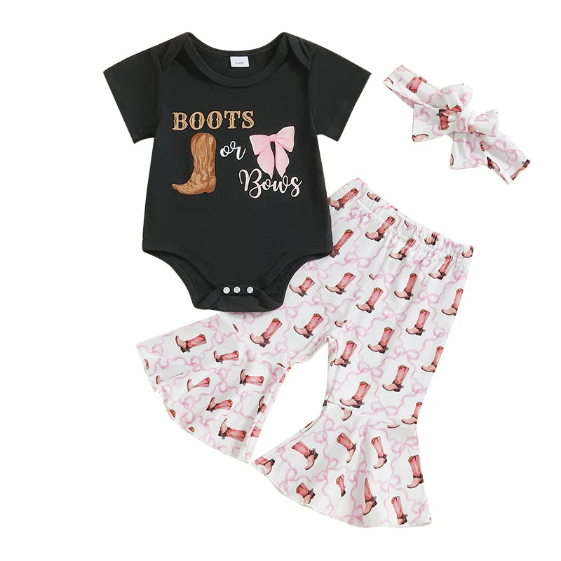 2024-11-16 Lioraitiin Baby Girls 3PCS Clothes Sets Short Sleeve O Neck Romper Bow Boots/Cow Print Flared Pants Headband Sets
