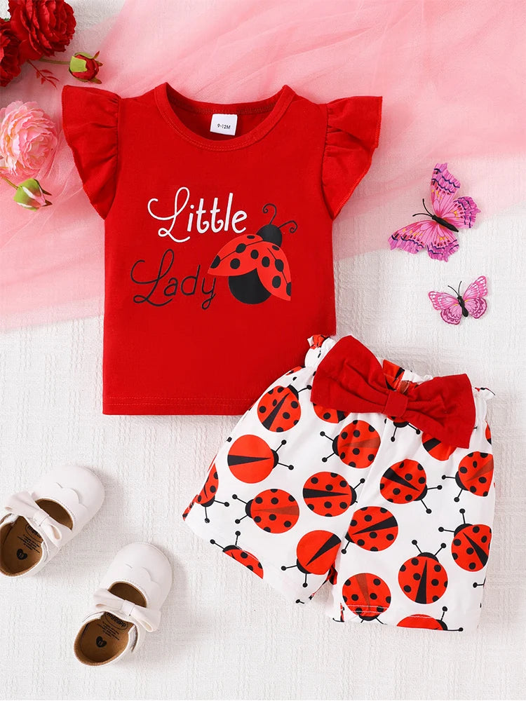 0-24M Infant Baby Girl Little Lady Ladybug Print Ruffle Short Sleeve Tee & Bowknot Shorts Outfit Set