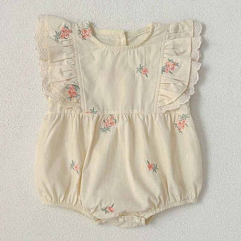 Summer Infant Baby Girl Bodysuits 0-24M Baby Clothing Toddler Baby Girl Jumpsuit Flying Sleeve Cotton Flower Embroidery Clothing