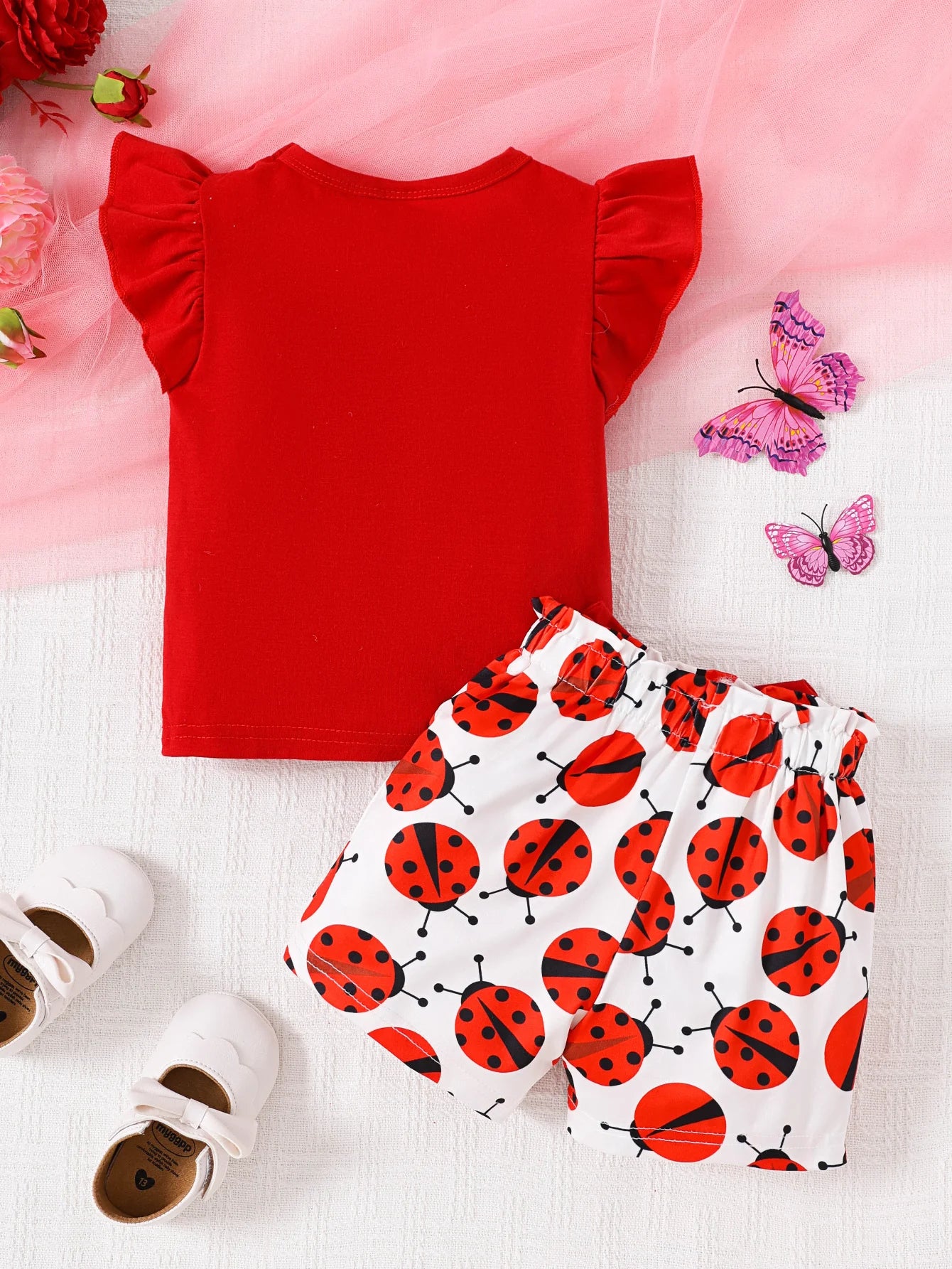 0-24M Infant Baby Girl Little Lady Ladybug Print Ruffle Short Sleeve Tee & Bowknot Shorts Outfit Set