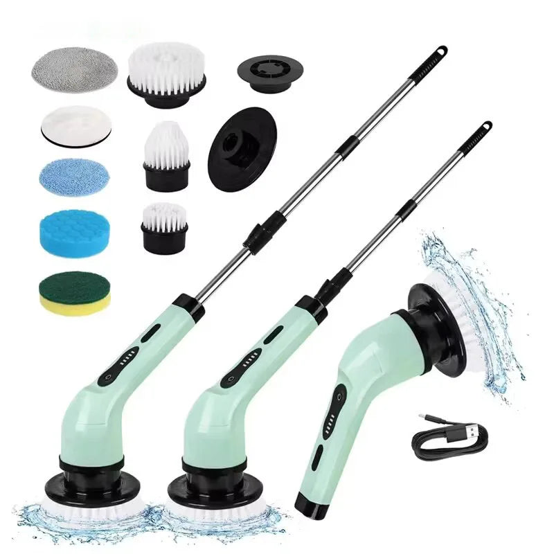 9-Head Cordless - 2-Speed Power Cleaner with Long Handle, Adjustable Speeds, and Replaceable Brush Heads for Bathroom Floor