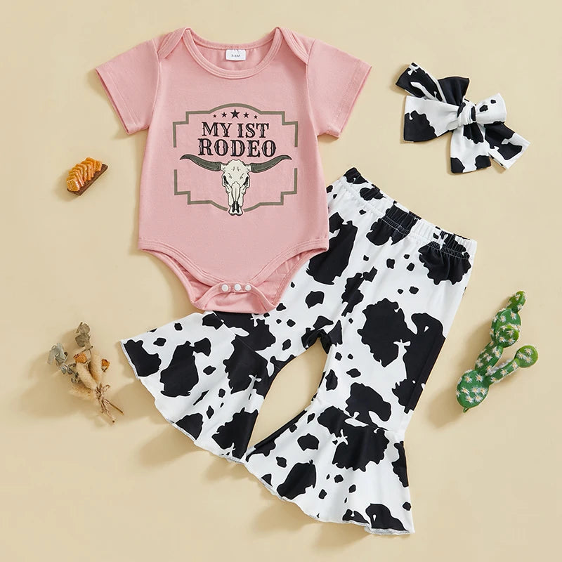 2024-11-16 Lioraitiin Baby Girls 3PCS Clothes Sets Short Sleeve O Neck Romper Bow Boots/Cow Print Flared Pants Headband Sets