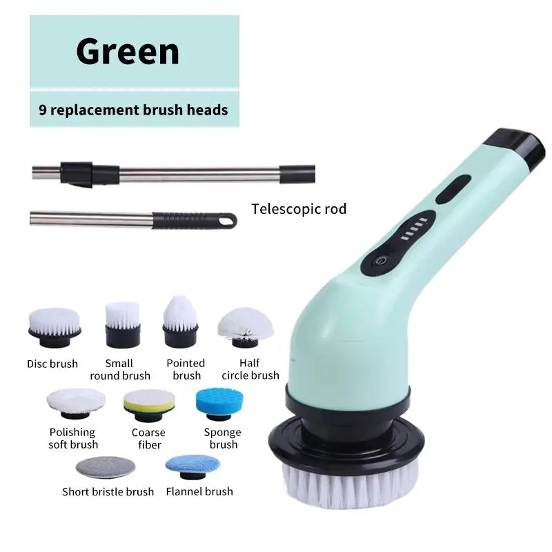 9-Head Cordless - 2-Speed Power Cleaner with Long Handle, Adjustable Speeds, and Replaceable Brush Heads for Bathroom Floor