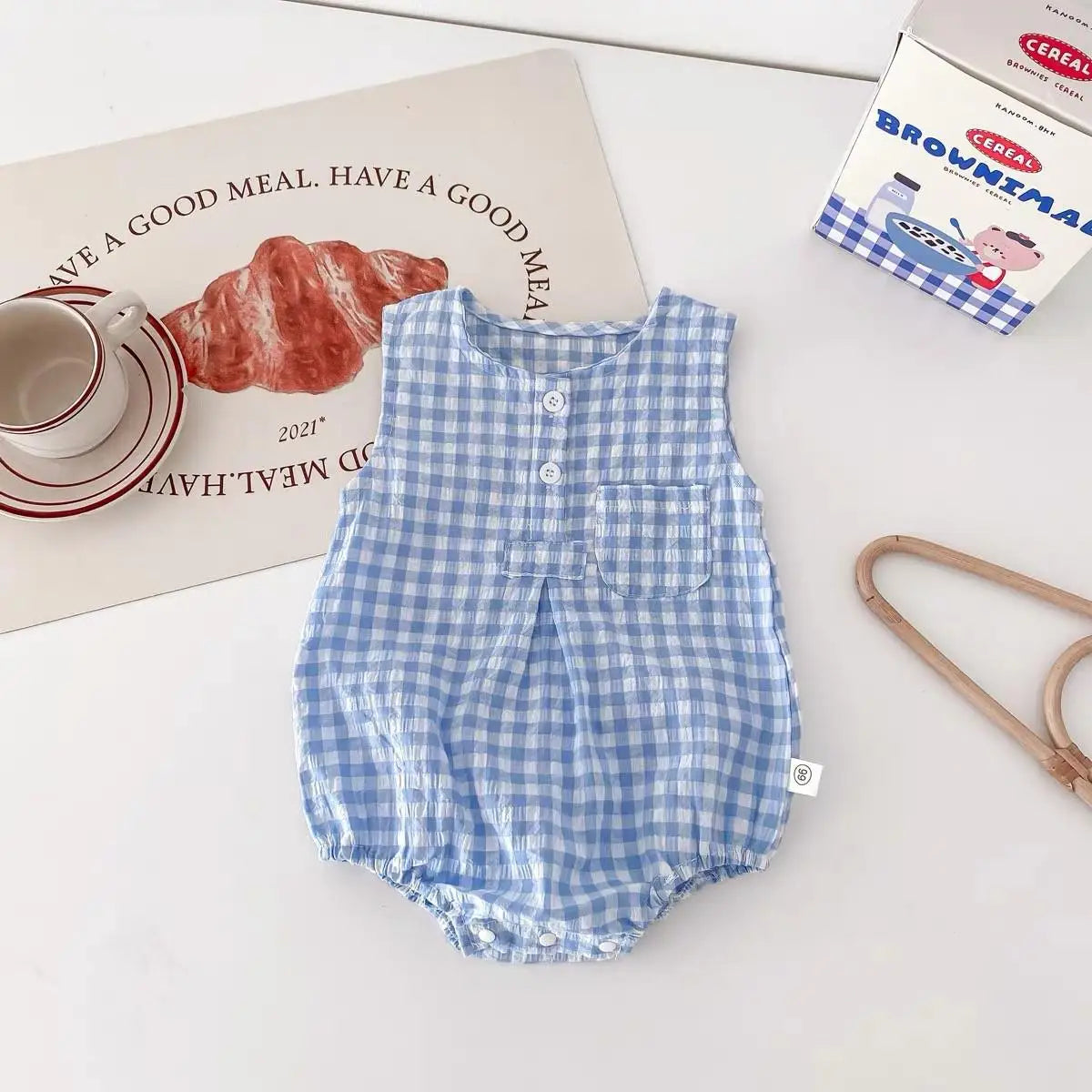0-24Months Baby Bodysuit Cute Sleeveless Rompers Infant Boys Thin Vest Summer Sleepwear New Loose Checkered Climbing Suit