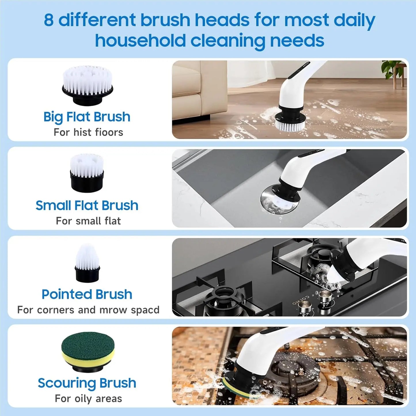 9-Head Cordless - 2-Speed Power Cleaner with Long Handle, Adjustable Speeds, and Replaceable Brush Heads for Bathroom Floor