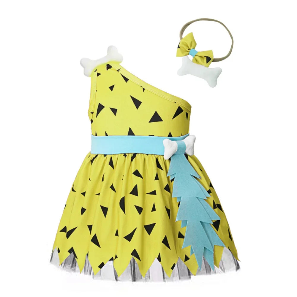 0-4Y Baby Caveman Dresses Girl Primitive Man Historical Stone Age Performance Costume One Shoulder Orange Dress Kids Halloween