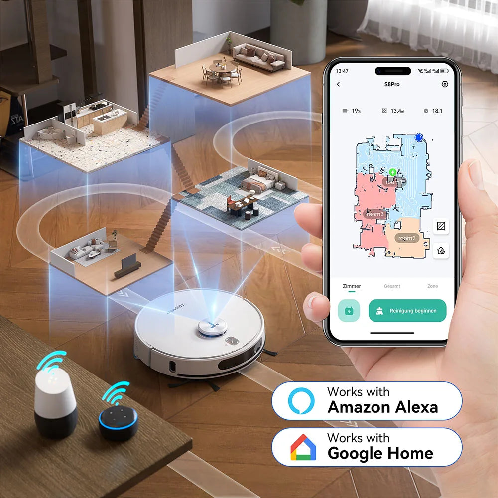 Tesvor S8 Max Robot Vacuum Cleaner 8000Pa 3-in-1 Vacuum/Sweep/Mop Up To 180min Runtime Self-emptying 2.5L Large Dust Bag