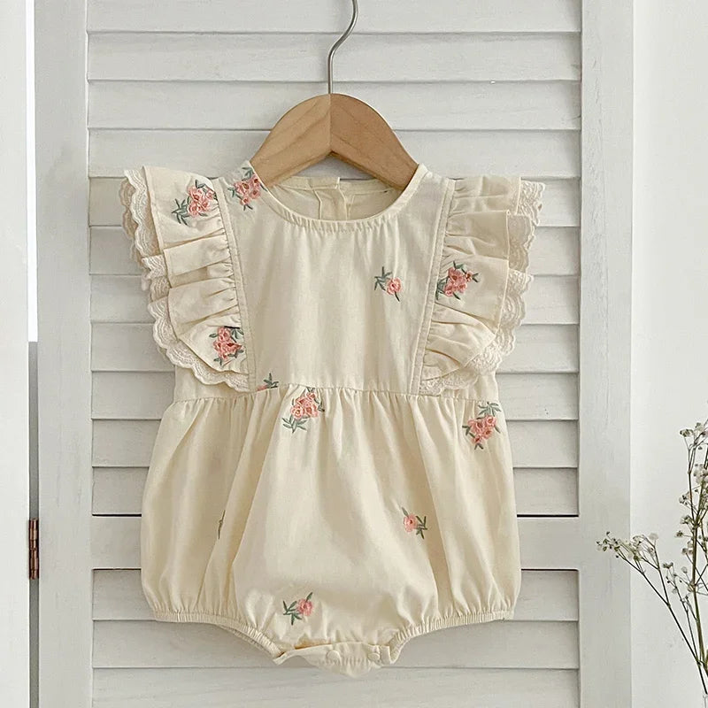 Summer Infant Baby Girl Bodysuits 0-24M Baby Clothing Toddler Baby Girl Jumpsuit Flying Sleeve Cotton Flower Embroidery Clothing