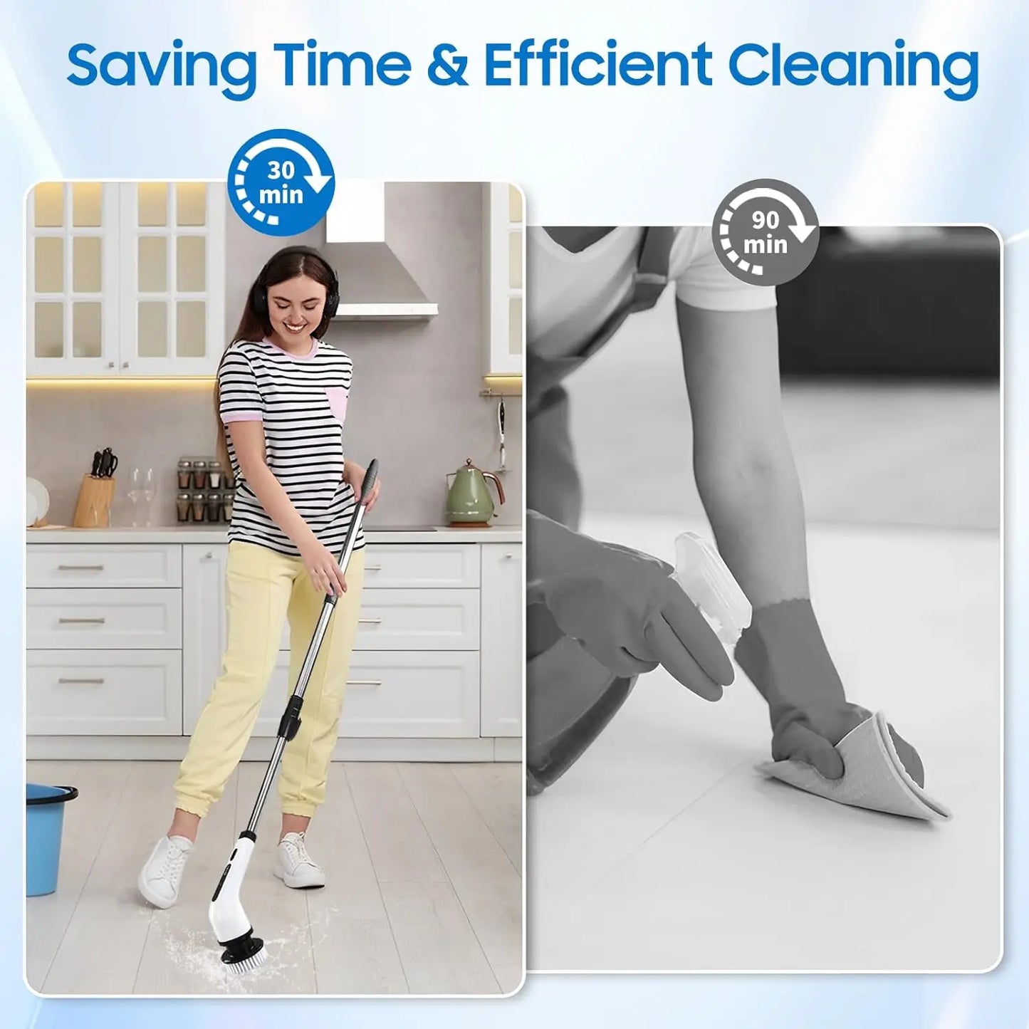 9-Head Cordless - 2-Speed Power Cleaner with Long Handle, Adjustable Speeds, and Replaceable Brush Heads for Bathroom Floor