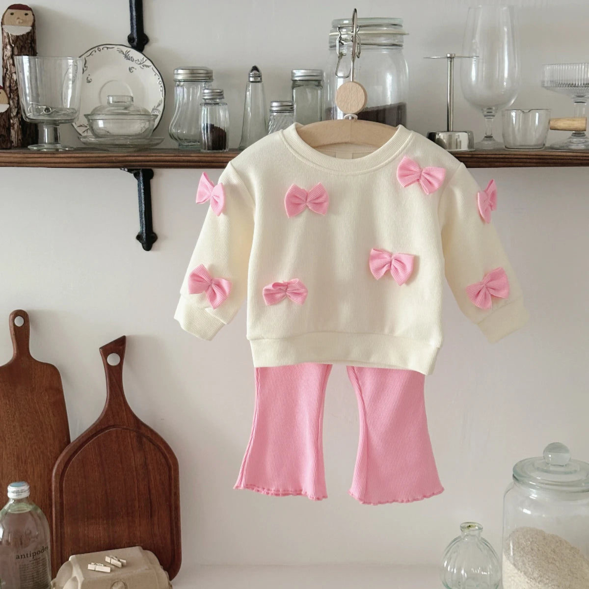 Spring Autumn Baby Clothes Set Outfit Newborn Bowknot Long Sleeved Top + Pink Cute Flared Trousers Infant Fashionable Set