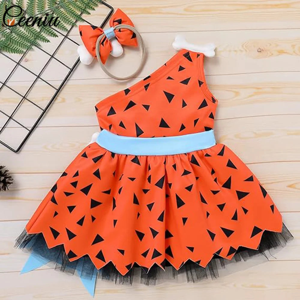 0-4Y Baby Caveman Dresses Girl Primitive Man Historical Stone Age Performance Costume One Shoulder Orange Dress Kids Halloween
