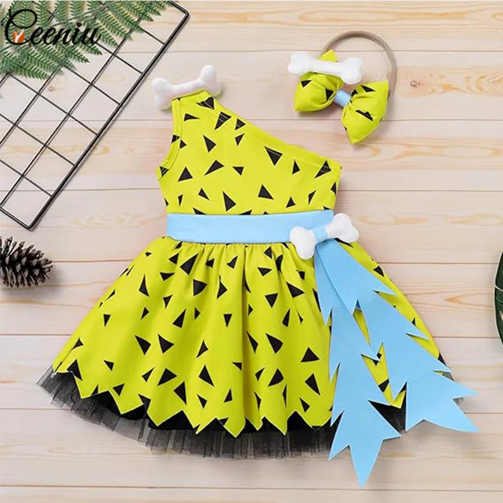 0-4Y Baby Caveman Dresses Girl Primitive Man Historical Stone Age Performance Costume One Shoulder Orange Dress Kids Halloween