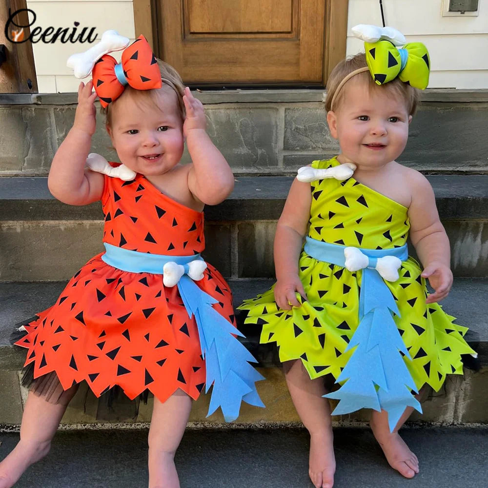 0-4Y Baby Caveman Dresses Girl Primitive Man Historical Stone Age Performance Costume One Shoulder Orange Dress Kids Halloween