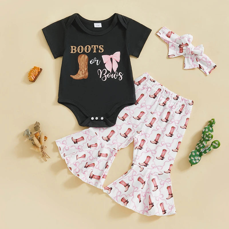 2024-11-16 Lioraitiin Baby Girls 3PCS Clothes Sets Short Sleeve O Neck Romper Bow Boots/Cow Print Flared Pants Headband Sets