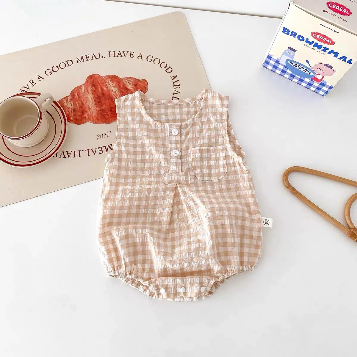 0-24Months Baby Bodysuit Cute Sleeveless Rompers Infant Boys Thin Vest Summer Sleepwear New Loose Checkered Climbing Suit