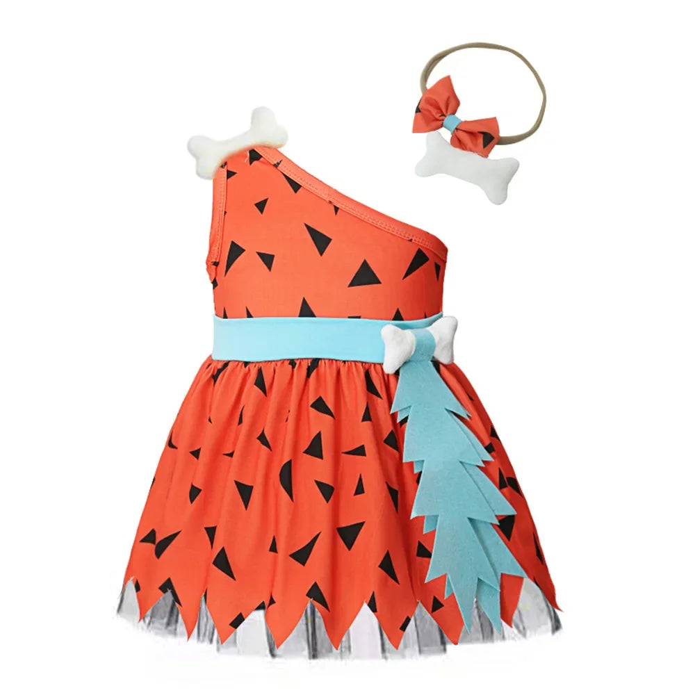 0-4Y Baby Caveman Dresses Girl Primitive Man Historical Stone Age Performance Costume One Shoulder Orange Dress Kids Halloween
