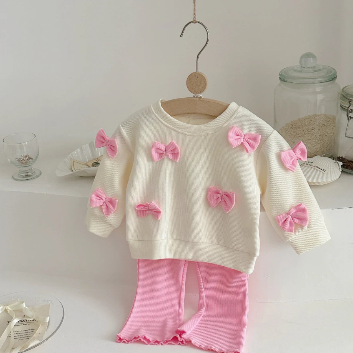 Spring Autumn Baby Clothes Set Outfit Newborn Bowknot Long Sleeved Top + Pink Cute Flared Trousers Infant Fashionable Set