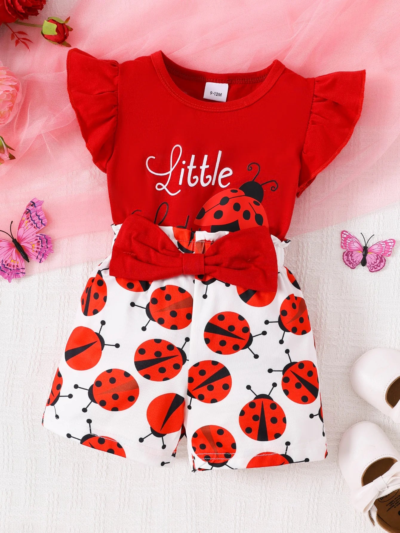 0-24M Infant Baby Girl Little Lady Ladybug Print Ruffle Short Sleeve Tee & Bowknot Shorts Outfit Set