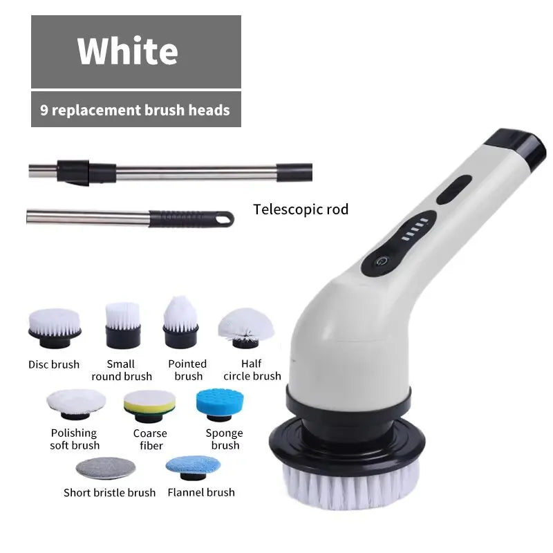 9-Head Cordless - 2-Speed Power Cleaner with Long Handle, Adjustable Speeds, and Replaceable Brush Heads for Bathroom Floor