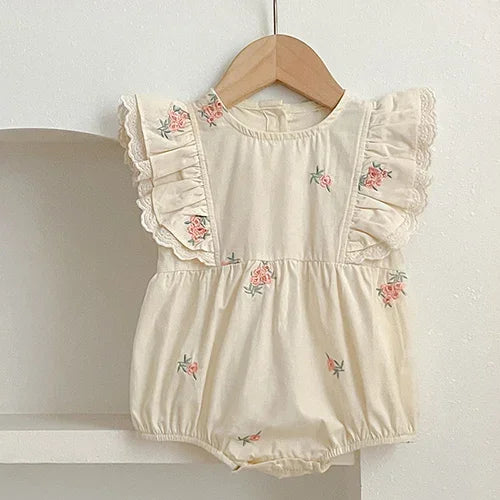 Summer Infant Baby Girl Bodysuits 0-24M Baby Clothing Toddler Baby Girl Jumpsuit Flying Sleeve Cotton Flower Embroidery Clothing
