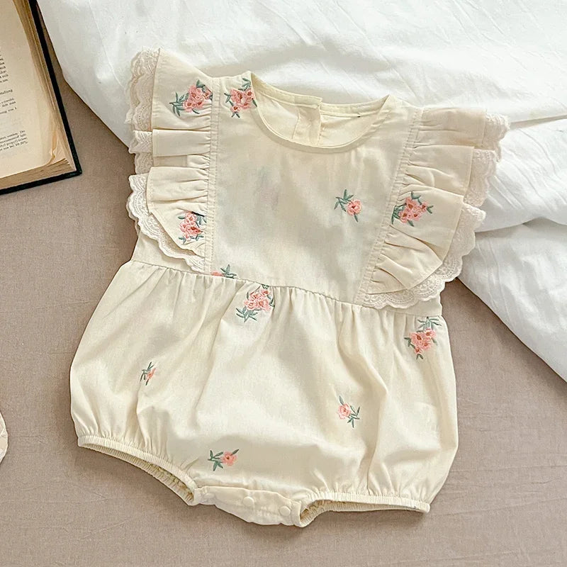 Summer Infant Baby Girl Bodysuits 0-24M Baby Clothing Toddler Baby Girl Jumpsuit Flying Sleeve Cotton Flower Embroidery Clothing