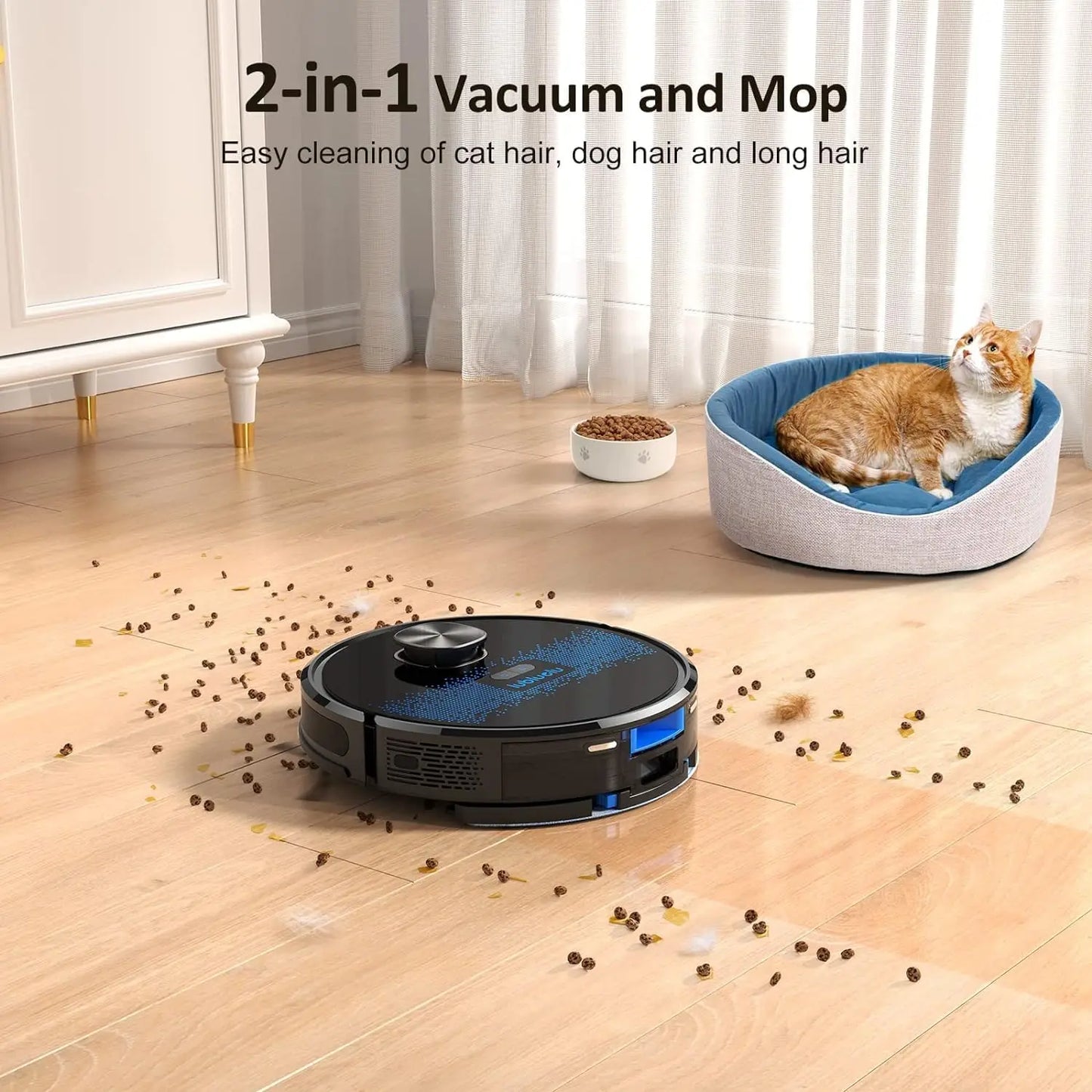 Lubluelu SL60D Robot Vacuum and Mop Combo - 4500Pa Suction, 150Mins Runtime, Quiet Operation, 10 No-Go Zones For Pet Hair Carpet
