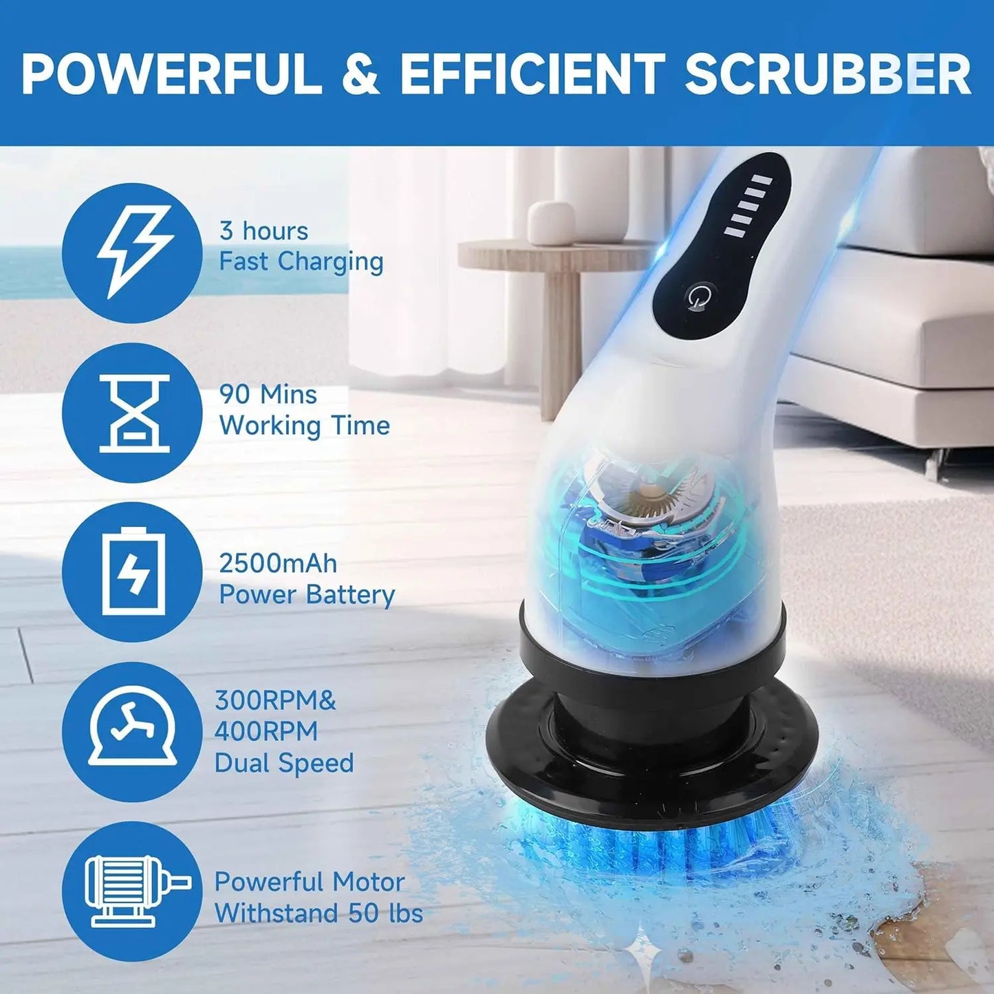 9-Head Cordless - 2-Speed Power Cleaner with Long Handle, Adjustable Speeds, and Replaceable Brush Heads for Bathroom Floor