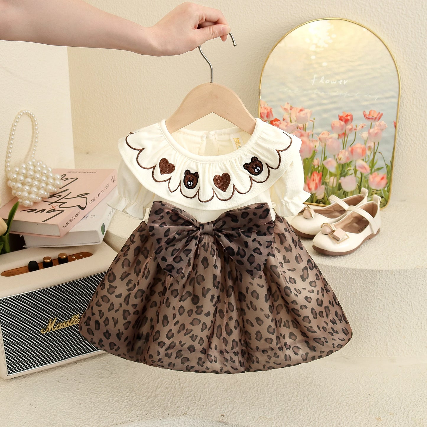 Summer New Cute Leopard Print Bow Baby Girl Dress, Fashionable Children'S Short Sleeved Clothes For Babies Aged 0-3 Years Old