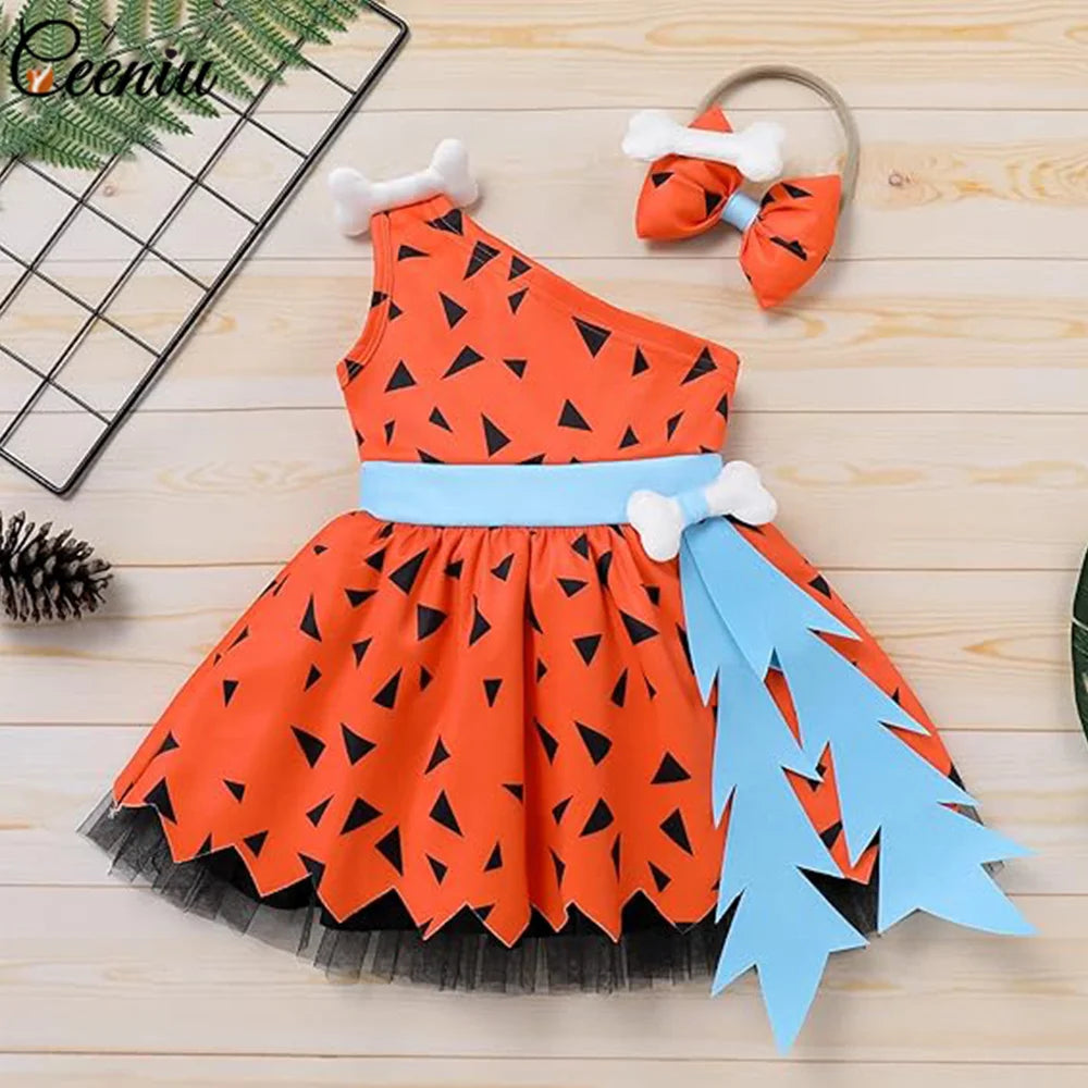 0-4Y Baby Caveman Dresses Girl Primitive Man Historical Stone Age Performance Costume One Shoulder Orange Dress Kids Halloween