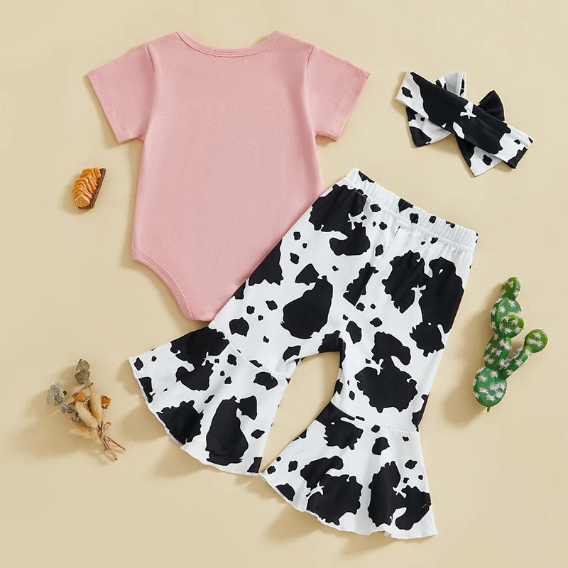 2024-11-16 Lioraitiin Baby Girls 3PCS Clothes Sets Short Sleeve O Neck Romper Bow Boots/Cow Print Flared Pants Headband Sets