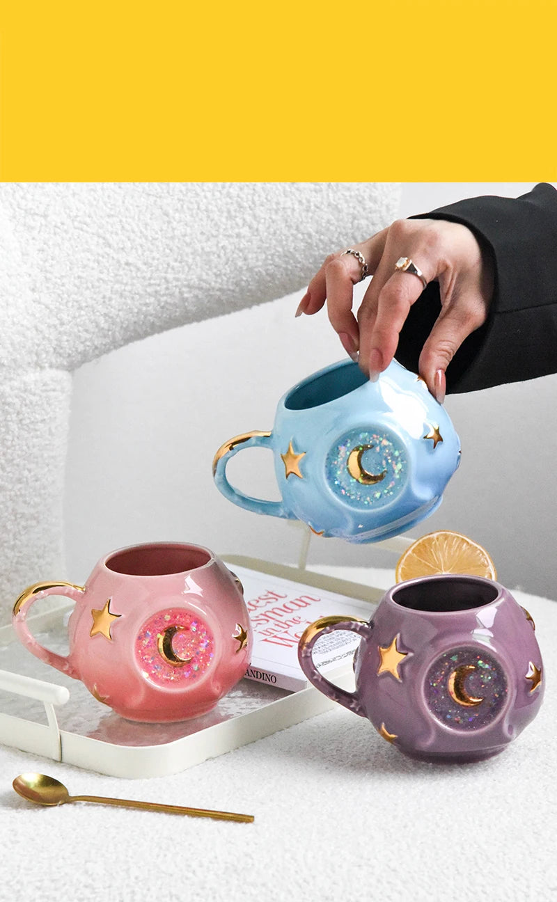 Ceramic Star Water Mug Creative Sequins Dazzle Blingbling Household Coffee Milk Mug Birthday Gift Mugs Drinkware