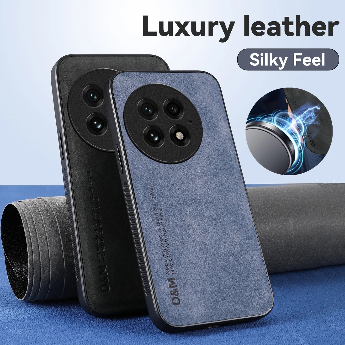 Nubuck Leather Shockproof Case for OnePlus 13 13R 12 12R Protective Cover Built-in Magnetic Suction Car Holder Coque Funda Capa