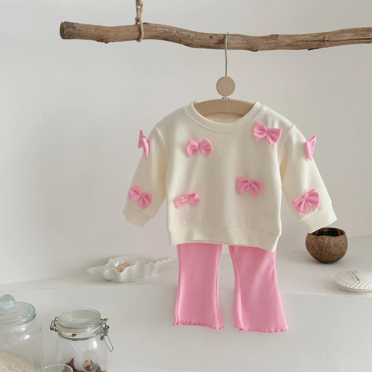 Spring Autumn Baby Clothes Set Outfit Newborn Bowknot Long Sleeved Top + Pink Cute Flared Trousers Infant Fashionable Set