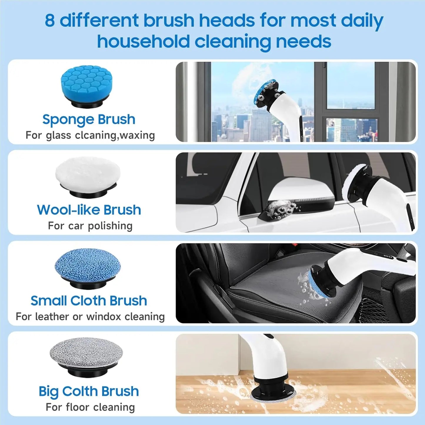 9-Head Cordless - 2-Speed Power Cleaner with Long Handle, Adjustable Speeds, and Replaceable Brush Heads for Bathroom Floor