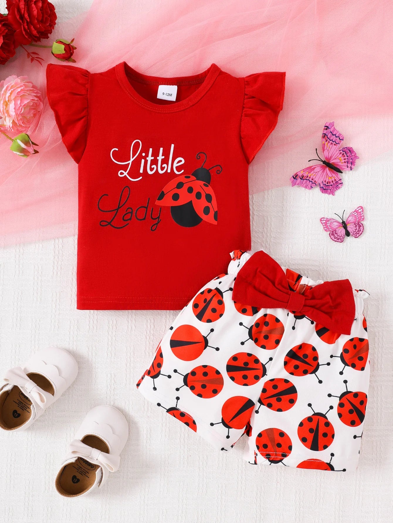 0-24M Infant Baby Girl Little Lady Ladybug Print Ruffle Short Sleeve Tee & Bowknot Shorts Outfit Set
