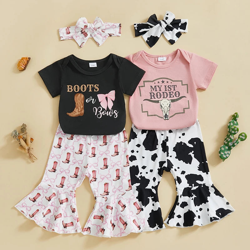 2024-11-16 Lioraitiin Baby Girls 3PCS Clothes Sets Short Sleeve O Neck Romper Bow Boots/Cow Print Flared Pants Headband Sets
