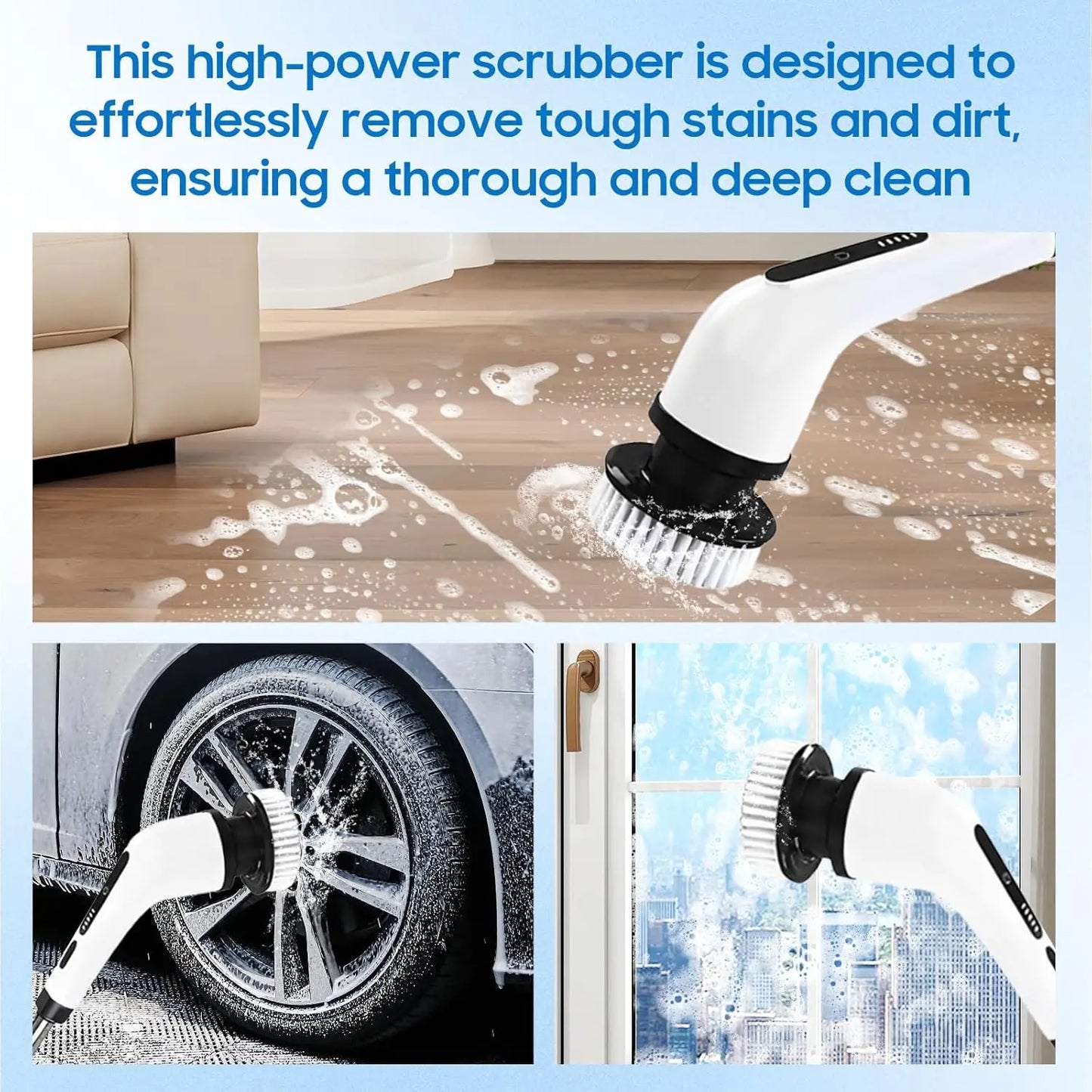 9-Head Cordless - 2-Speed Power Cleaner with Long Handle, Adjustable Speeds, and Replaceable Brush Heads for Bathroom Floor