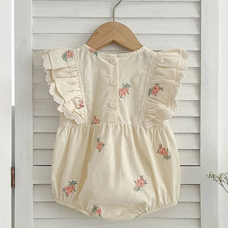 Summer Infant Baby Girl Bodysuits 0-24M Baby Clothing Toddler Baby Girl Jumpsuit Flying Sleeve Cotton Flower Embroidery Clothing
