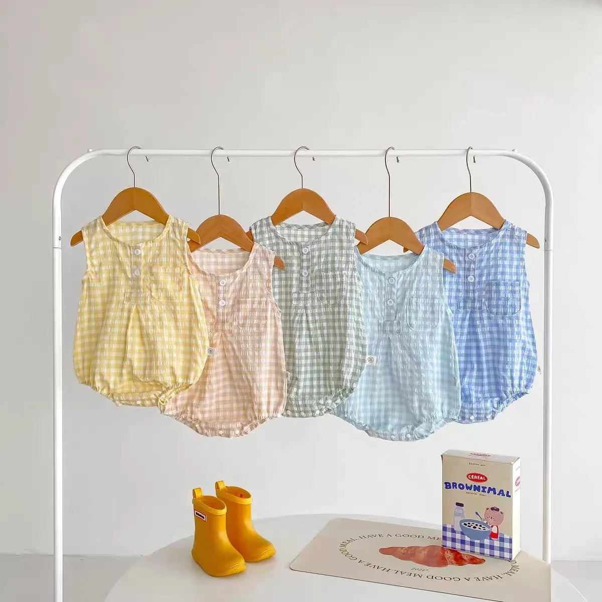 0-24Months Baby Bodysuit Cute Sleeveless Rompers Infant Boys Thin Vest Summer Sleepwear New Loose Checkered Climbing Suit