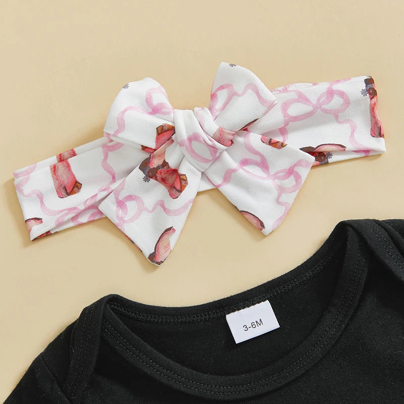 2024-11-16 Lioraitiin Baby Girls 3PCS Clothes Sets Short Sleeve O Neck Romper Bow Boots/Cow Print Flared Pants Headband Sets
